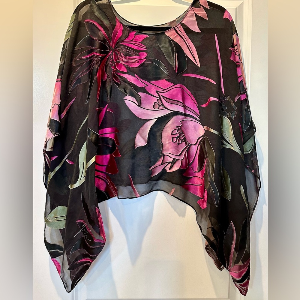 100% SILK Black Floral Print Pancho